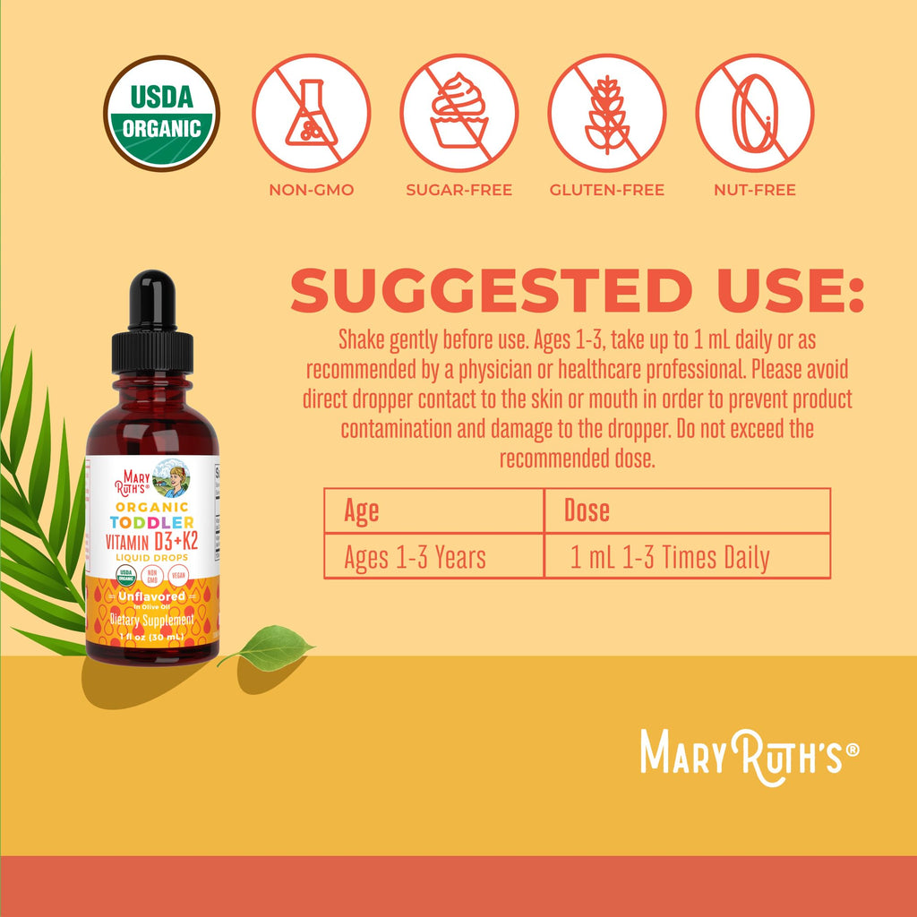 MARYRUTH'S Organics Vitamin D3 | Vitamin K2 | Vitamin D3 K2 Drops | K2 D3 Vitamin Liquid Supplement for Toddlers | Kids Supplement for Calcium Absorption - FENGGESTORE20