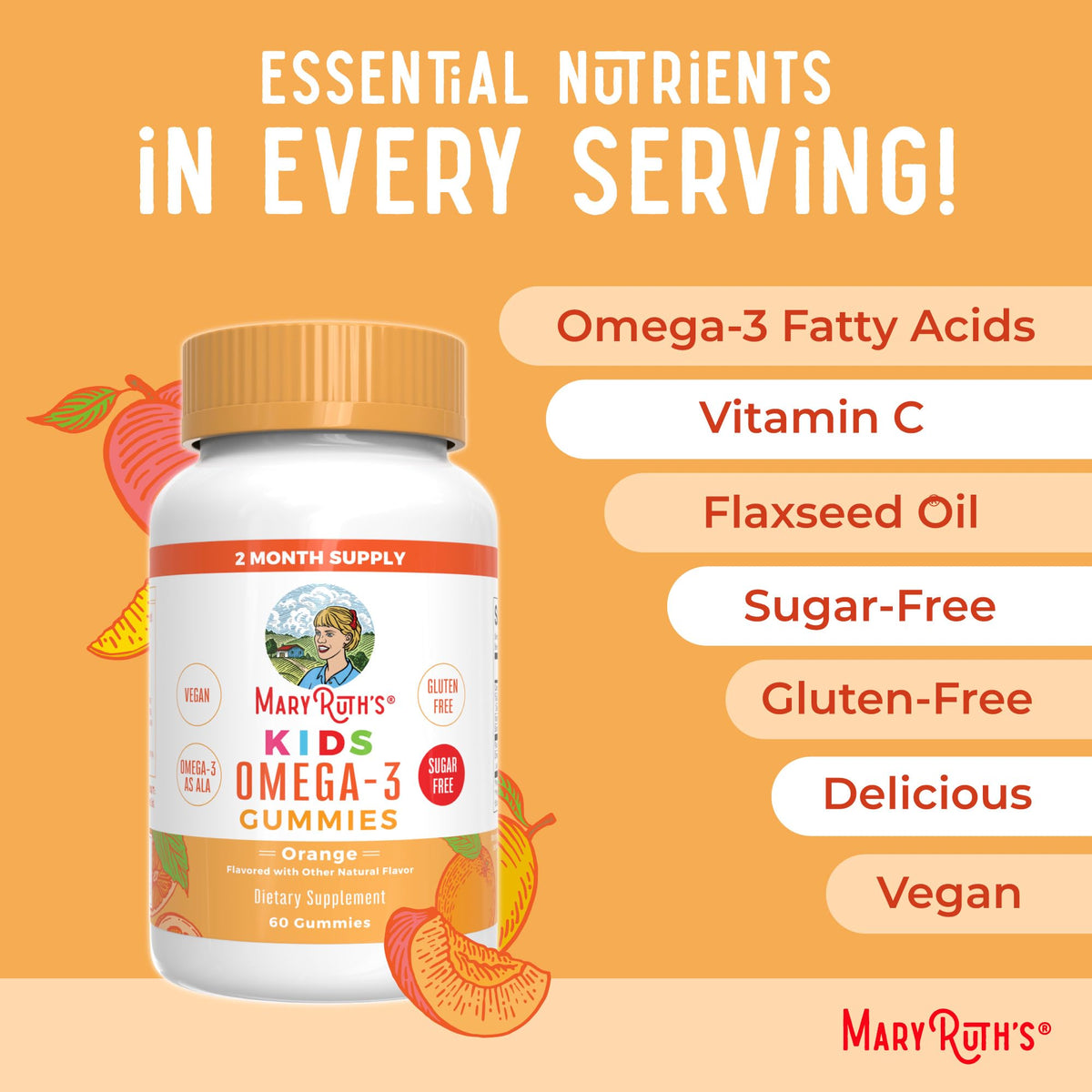 MARYRUTH'S Vegan Omega 3 Gummies for Kids 2+, 2 Month Supply, Sugar Free, Omega 3 Supplement with Vitamin C, Flaxseed Oil, Immune Support - FENGGESTORE20
