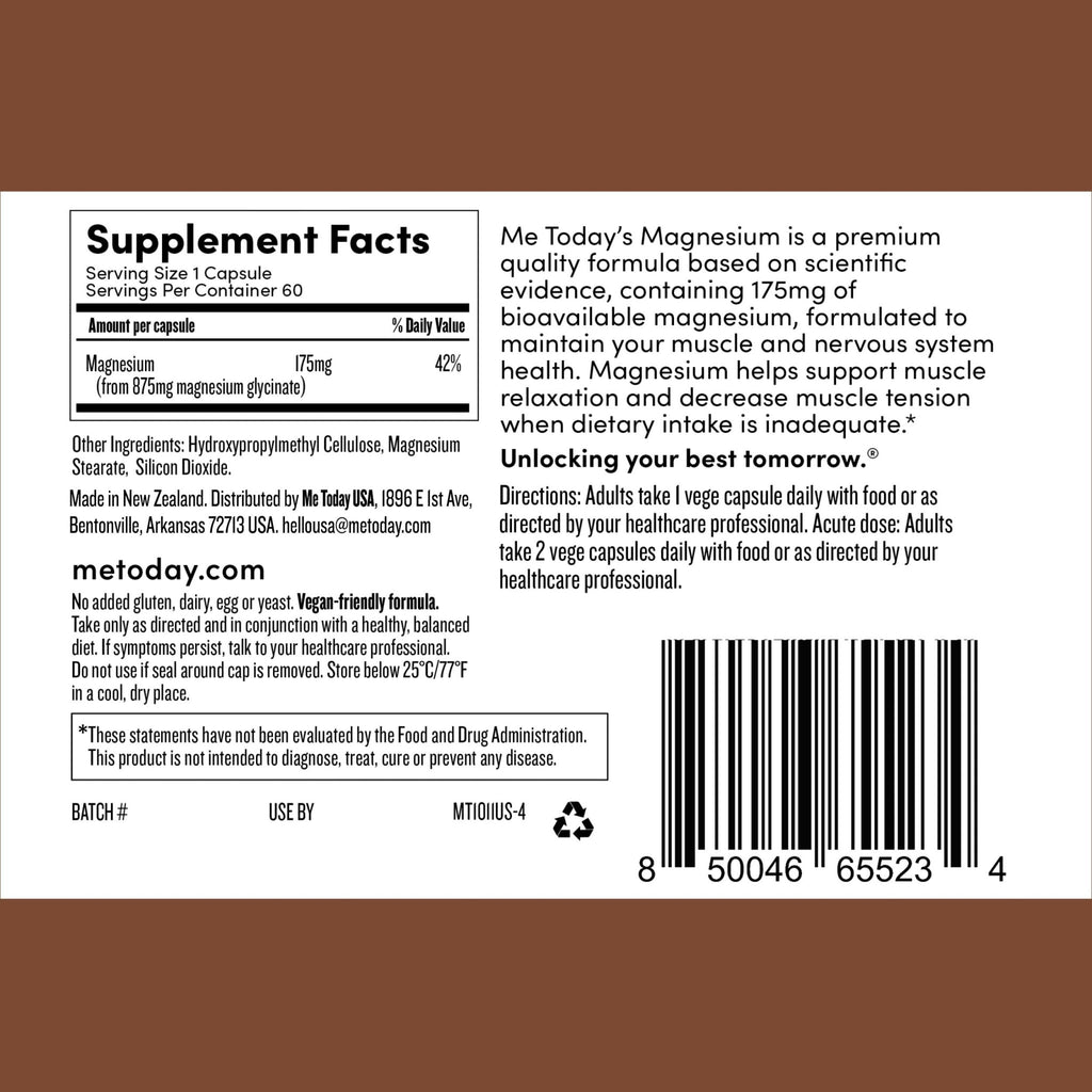 Me Today Magnesium Glycinate Supplement – 175mg High Absorption Magnesium Glycinate Capsule for Muscle Recovery, Nervous System Support, - FENGGESTORE20