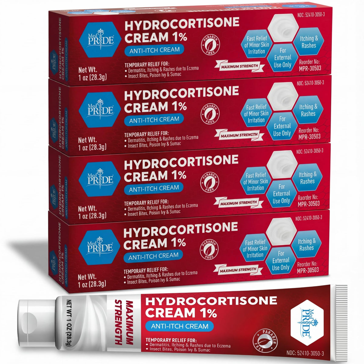 MED Pride Hydro Cortisone (Hydrocortisone) Cream 1% OTC Bulk Pack of 4 X 1 Oz Anti-Itch Ointment for Rash, Eczema, Bug Bites - FENGGESTORE20
