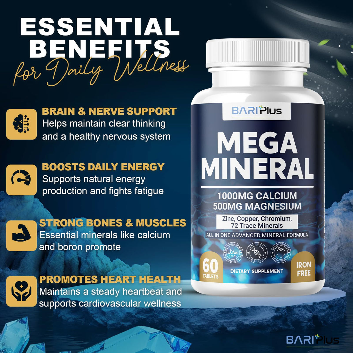Mega Mineral – Complete Complex with Vitamin D, Calcium, Magnesium, Zinc, Potassium, Boron, Selenium, Chromium & Trace Minerals – Iron-Free – USA Made – 60 Tablets - FENGGESTORE20