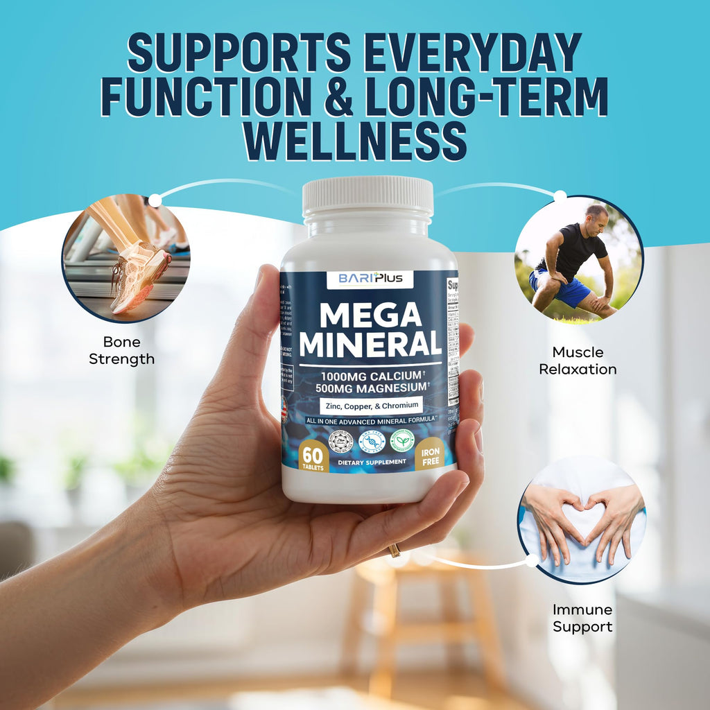 Mega Mineral – Complete Complex with Vitamin D, Calcium, Magnesium, Zinc, Potassium, Boron, Selenium, Chromium & Trace Minerals – Iron-Free – USA Made – 60 Tablets - FENGGESTORE20