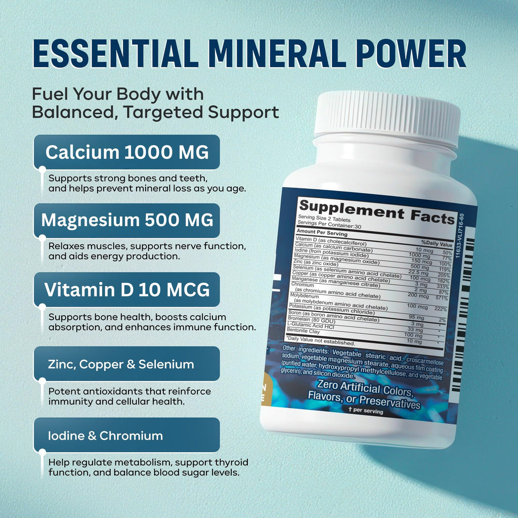 Mega Mineral – Complete Complex with Vitamin D, Calcium, Magnesium, Zinc, Potassium, Boron, Selenium, Chromium & Trace Minerals – Iron-Free – USA Made – 60 Tablets - FENGGESTORE20