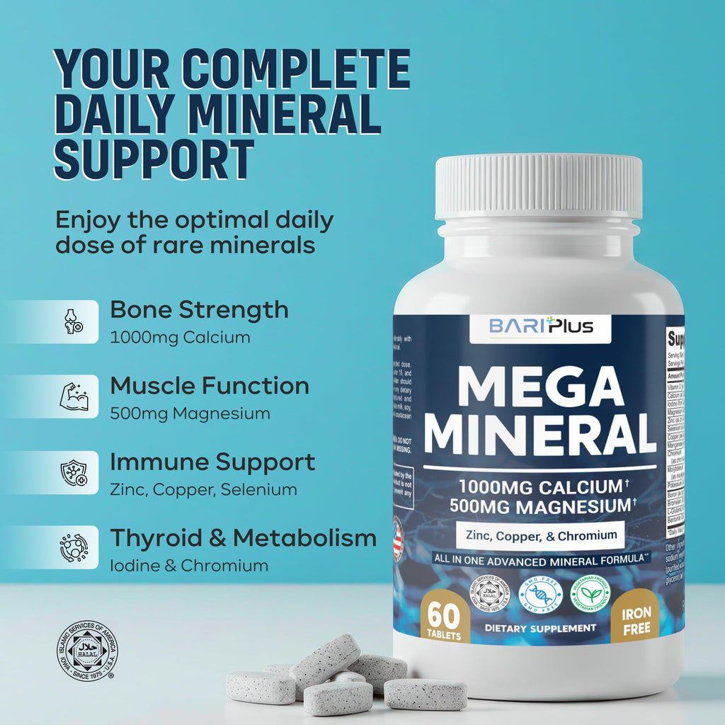 Mega Mineral – Complete Complex with Vitamin D, Calcium, Magnesium, Zinc, Potassium, Boron, Selenium, Chromium & Trace Minerals – Iron-Free – USA Made – 60 Tablets - FENGGESTORE20