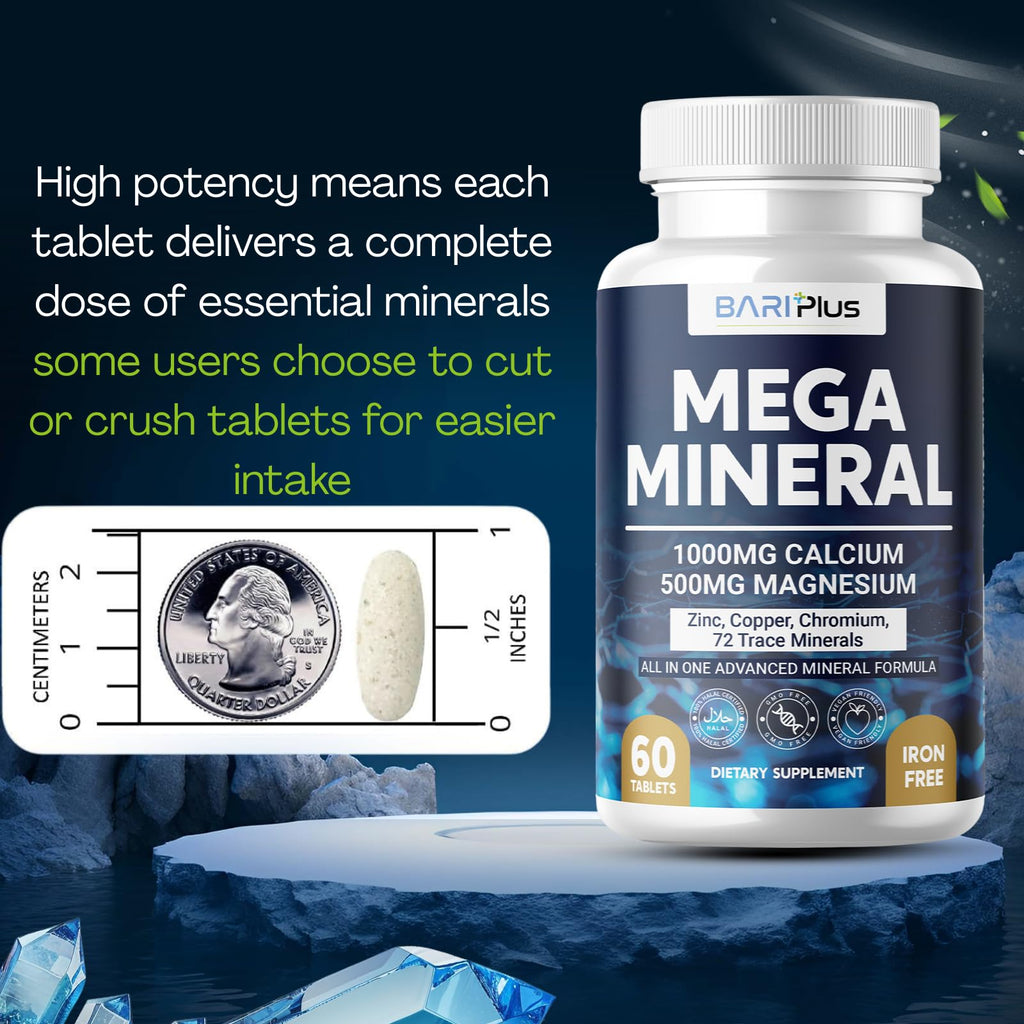 Mega Mineral – Complete Complex with Vitamin D, Calcium, Magnesium, Zinc, Potassium, Boron, Selenium, Chromium & Trace Minerals – Iron-Free – USA Made – 60 Tablets - FENGGESTORE20