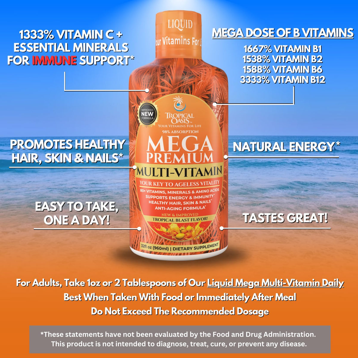 Mega Premium Liquid Multivitamin | Natural Immune Support Vitamin w/ 1333% Vitamin C, 200% D3, Zinc + 20 Vitamins, 70 Minerals, & 21 Amino Acids | Sugar Free - FENGGESTORE20