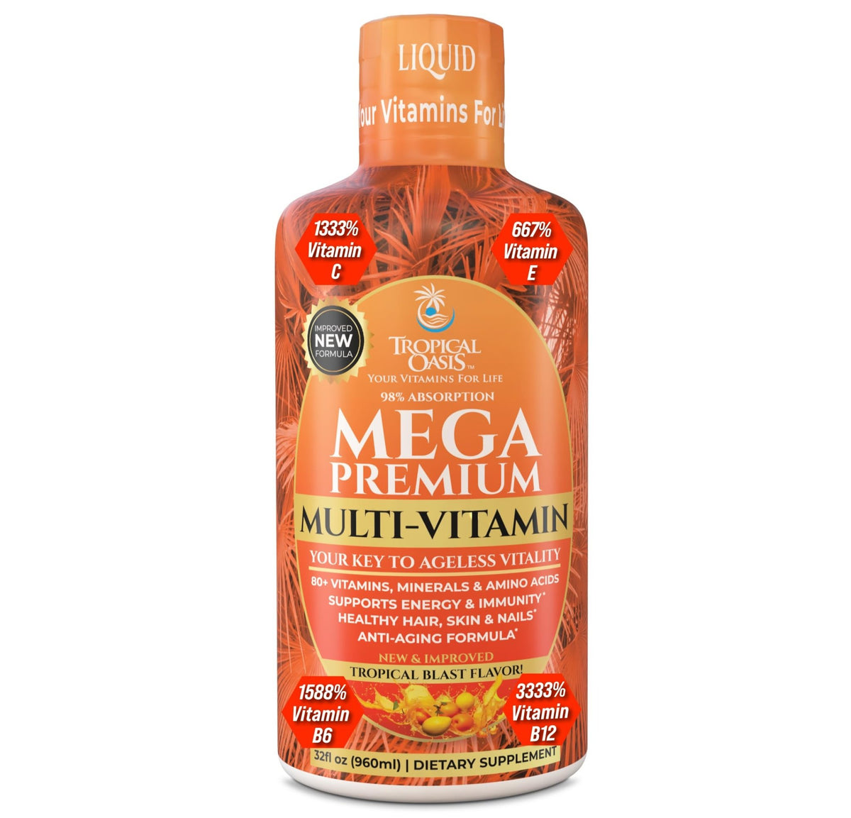 Mega Premium Liquid Multivitamin | Natural Immune Support Vitamin w/ 1333% Vitamin C, 200% D3, Zinc + 20 Vitamins, 70 Minerals, & 21 Amino Acids | Sugar Free - FENGGESTORE20