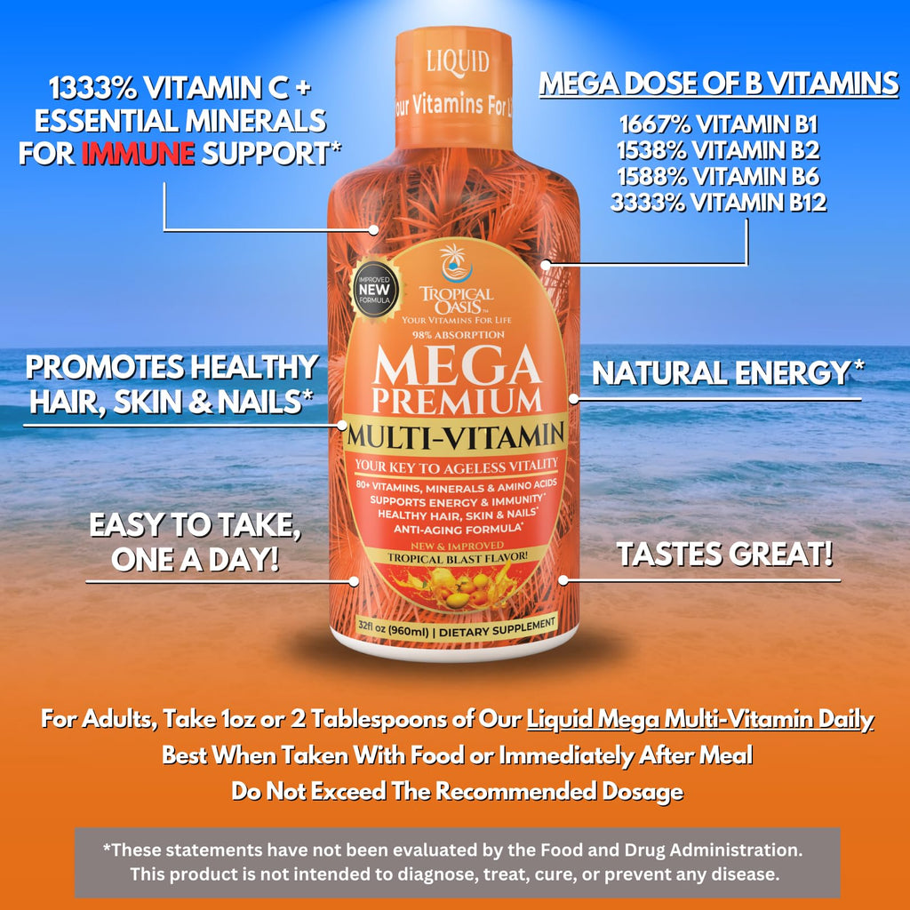 Mega Premium Liquid Multivitamin | Natural Immune Support Vitamin w/ 1333% Vitamin C, 200% D3, Zinc + 20 Vitamins, 70 Minerals, & 21 Amino Acids | Sugar Free | Orange Flavor | 98% Absorption | 32 Serv - FENGGESTORE20