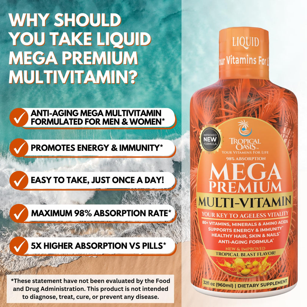 Mega Premium Liquid Multivitamin | Natural Immune Support Vitamin w/ 1333% Vitamin C, 200% D3, Zinc + 20 Vitamins, 70 Minerals, & 21 Amino Acids | Sugar Free | Orange Flavor | 98% Absorption | 32 Serv - FENGGESTORE20