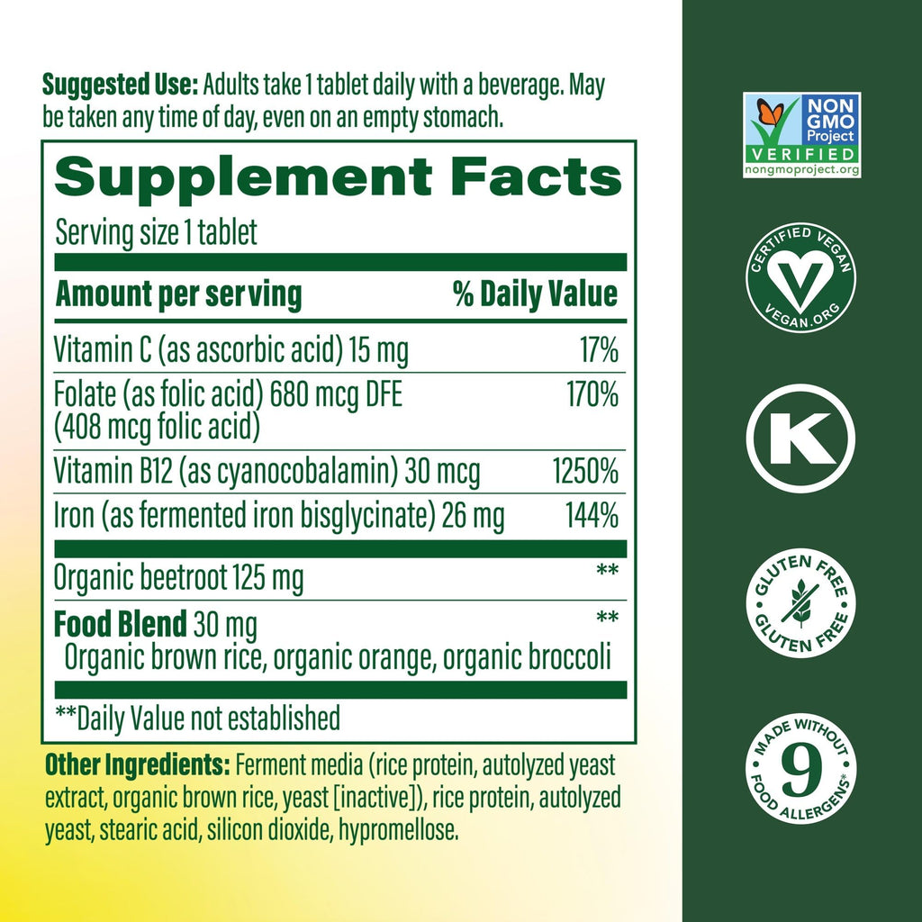 MegaFood Blood Builder Iron Supplement for Women & Men - Increase Iron Levels Without Side Effects - Combats Fatigue - with Vitamin B12, Folic Acid - FENGGESTORE20