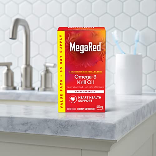 MegaRed Antarctic Krill Oil 500mg Omega 3 Fatty Acid Supplement, Extra Strength EPA & DHA Krill Oil Softgels (90cnt Box), Astaxanthin - FENGGESTORE20