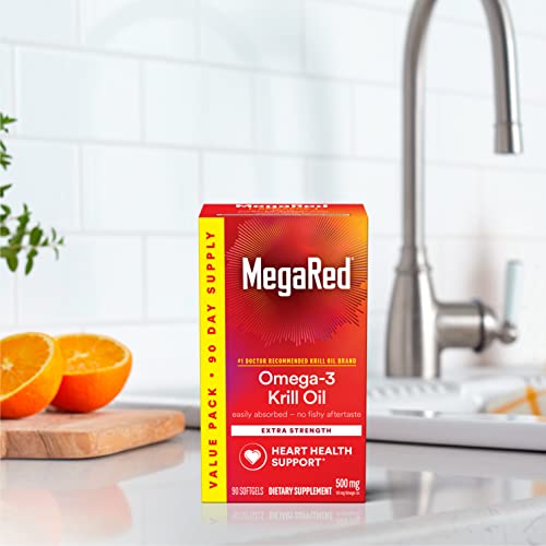 MegaRed Antarctic Krill Oil 500mg Omega 3 Fatty Acid Supplement, Extra Strength EPA & DHA Krill Oil Softgels (90cnt Box), Astaxanthin - FENGGESTORE20