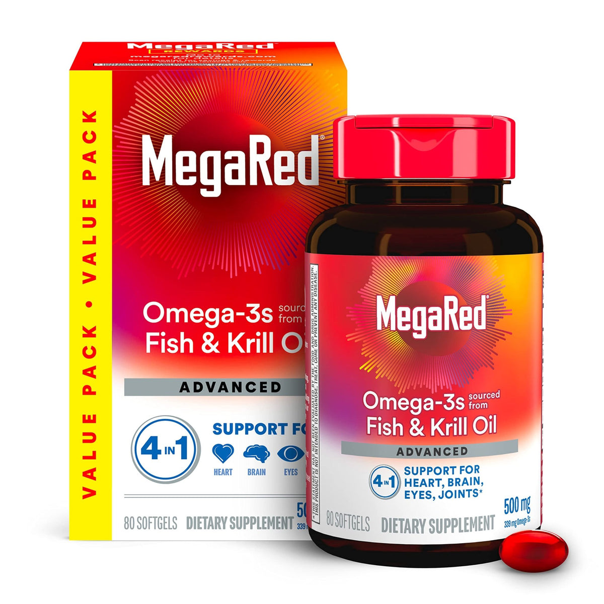 Megared Omega-3 Fish Oil + High Absorption Krill Oil 500mg Softgels, MegaRed Advanced 4in1 (80 count in a bottle) Concentrated Omega-3 Fish - FENGGESTORE20