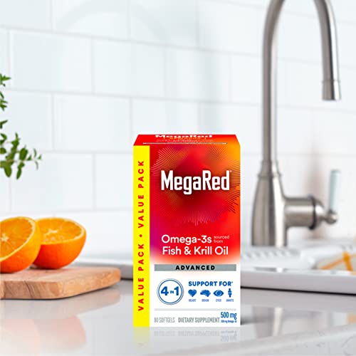 Megared Omega-3 Fish Oil + High Absorption Krill Oil 500mg Softgels, MegaRed Advanced 4in1 (80 count in a bottle) Concentrated Omega-3 Fish - FENGGESTORE20