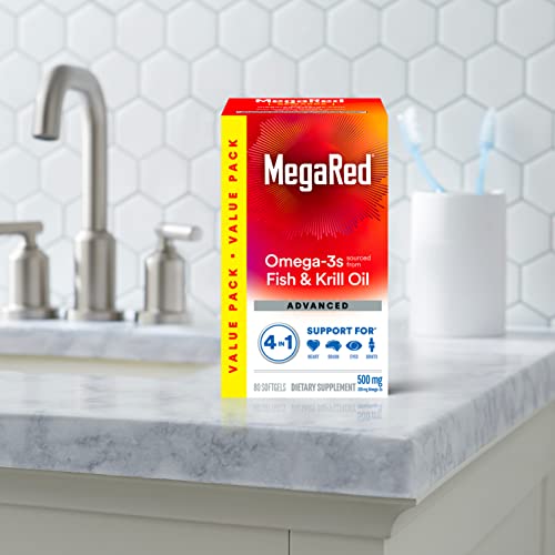 Megared Omega-3 Fish Oil + High Absorption Krill Oil 500mg Softgels, MegaRed Advanced 4in1 (80 count in a bottle) Concentrated Omega-3 Fish - FENGGESTORE20