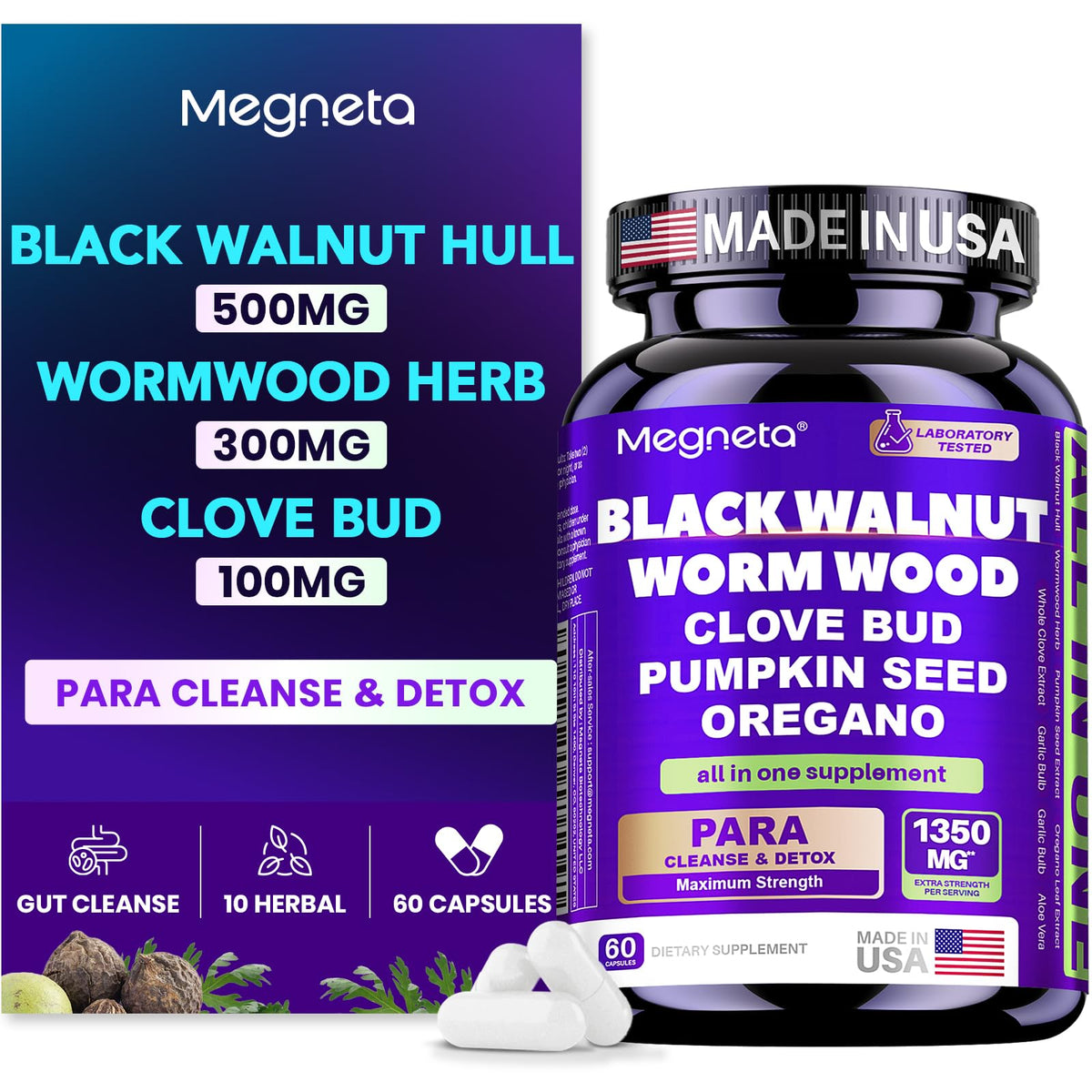 MEGNETA Wormwood Black Walnut Clove Cleanse for Humans, Intestinal Cleanse & Gut Detox with Pumpkin Seed & Oregano - FENGGESTORE20