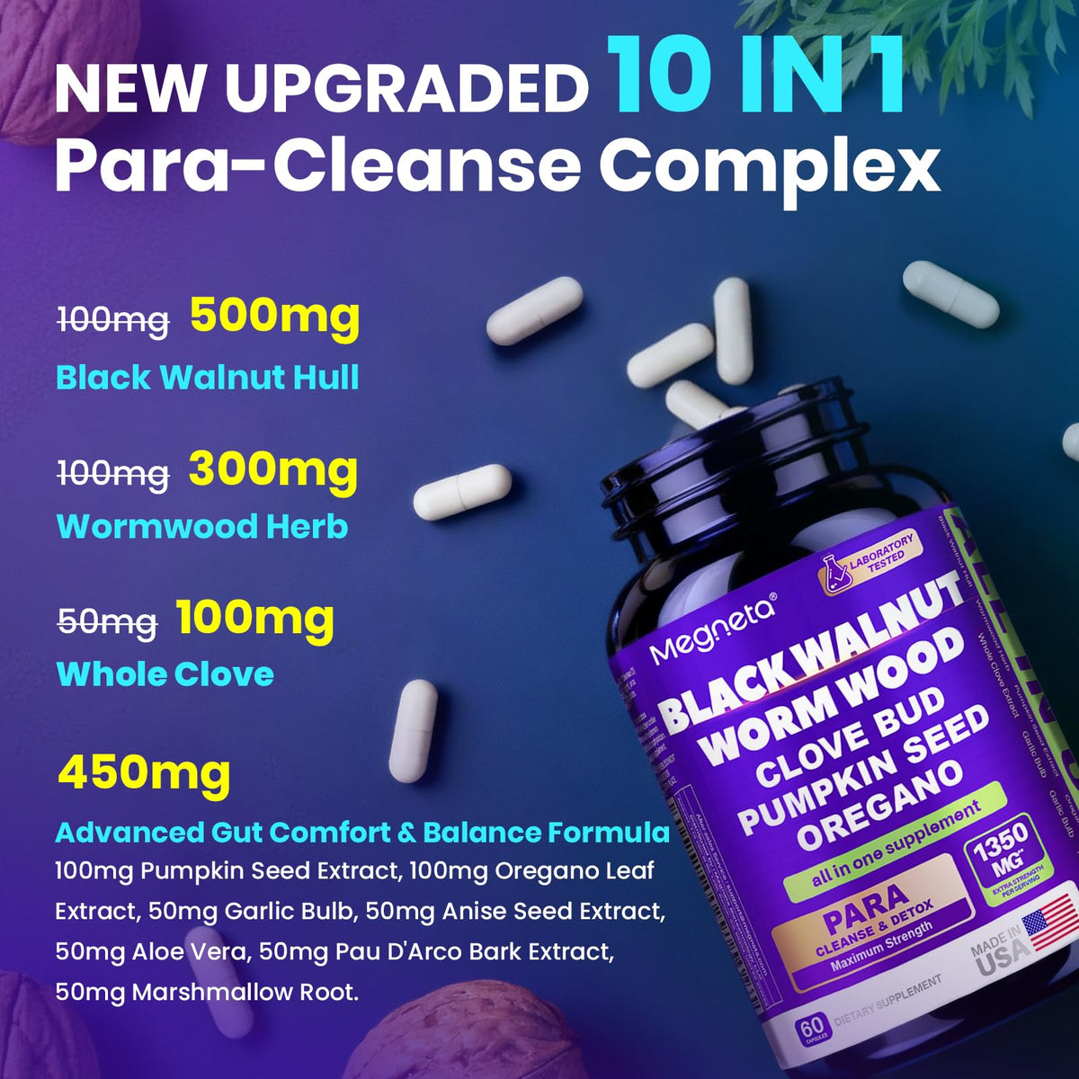 MEGNETA Wormwood Black Walnut Clove Cleanse for Humans, Intestinal Cleanse & Gut Detox with Pumpkin Seed & Oregano - FENGGESTORE20