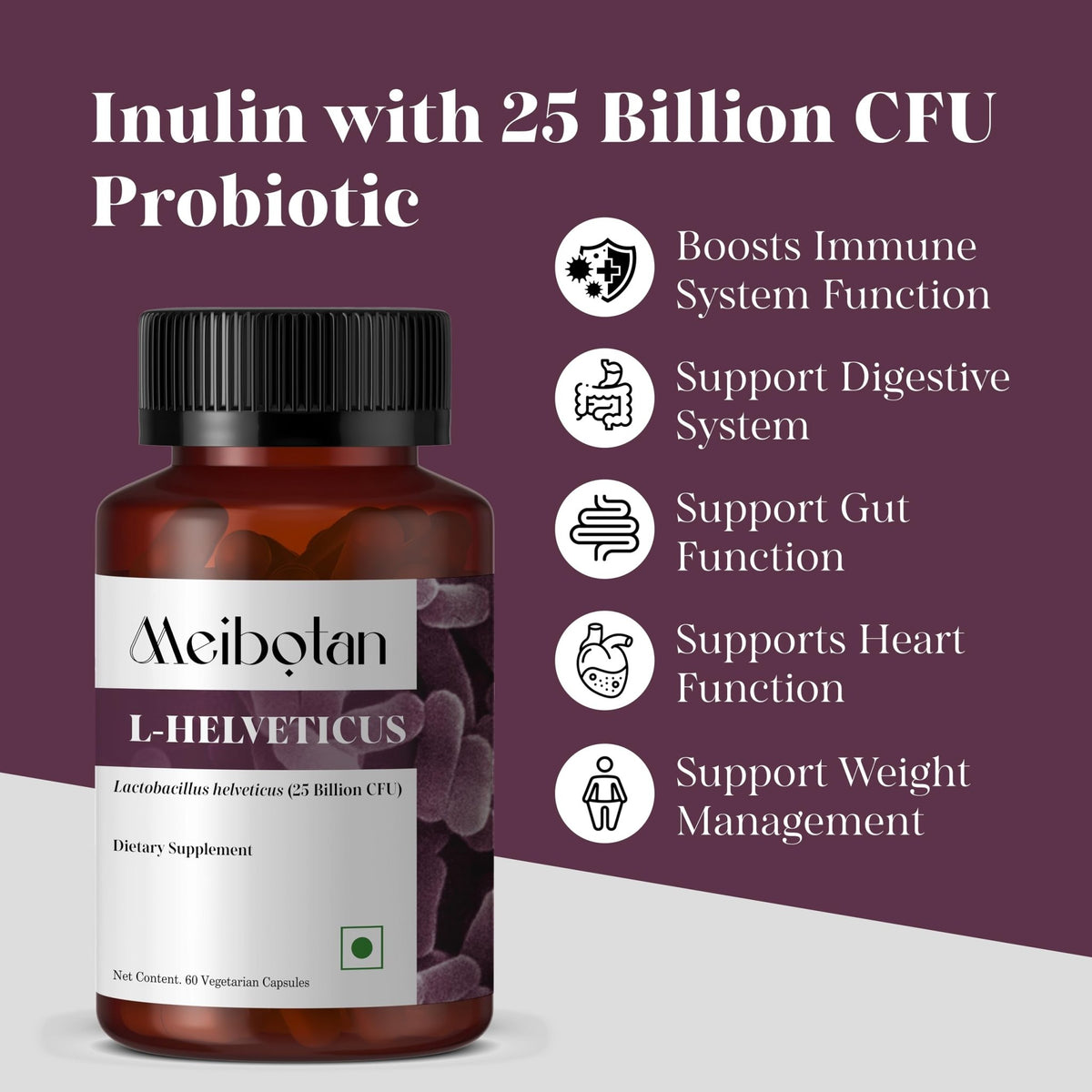 MEIBOTAN L-Helveticus Probiotic Bacteria with 25 Billion CFU for Women & Men, Helps Digestion, Nutrient Absorption and Fight Bad Bacterias - 60 Veggie Capsules - FENGGESTORE20