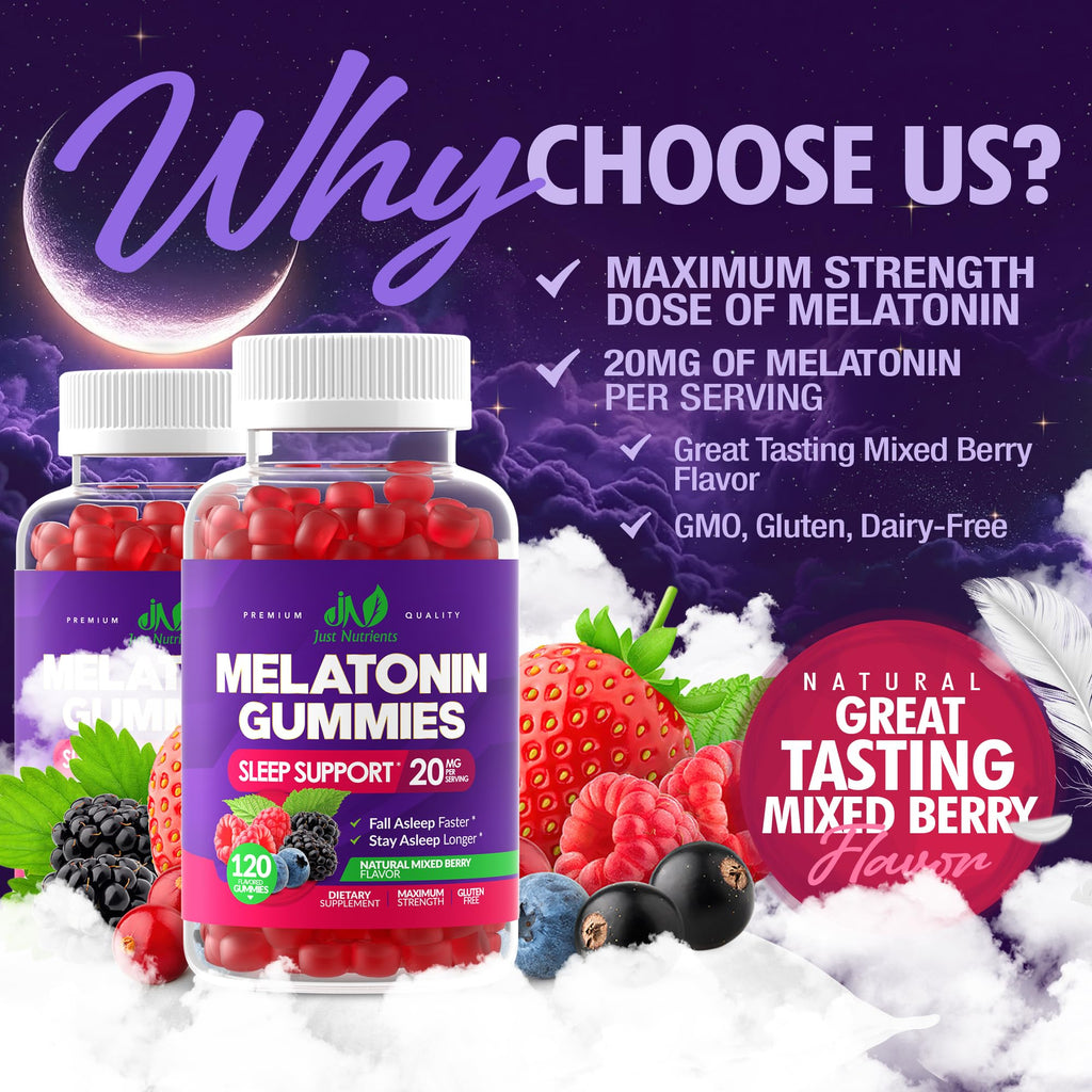 Melatonin 20mg Gummies (120 Count) - Maximum Strength Sleep Support for Adults with 10mg of Melatonin Per Gummy - Gluten-Free, Non-GMO, Vegetarian - FENGGESTORE20
