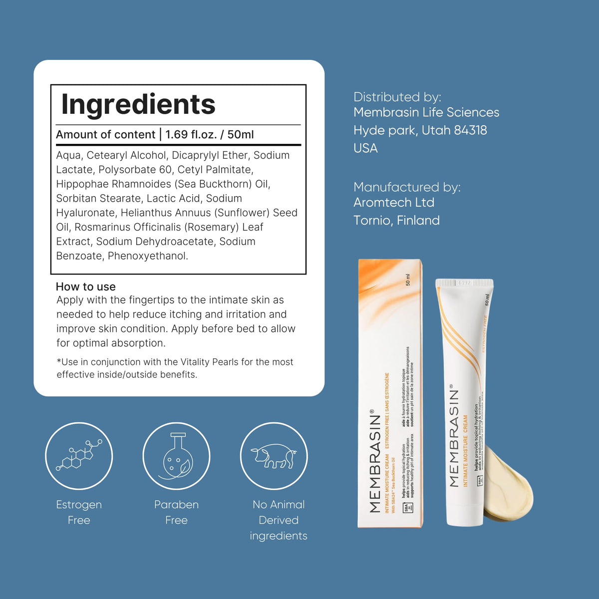 Membrasin Vaginal Moisture Cream with Hyaluronic Acid, Relieves Vaginal Dryness, Itching and Burning, Menopause Support, Hormone Free, Plant Based Formula with Omega 3 6 7 9 and Vitamin E, 50 ml - FENGGESTORE20