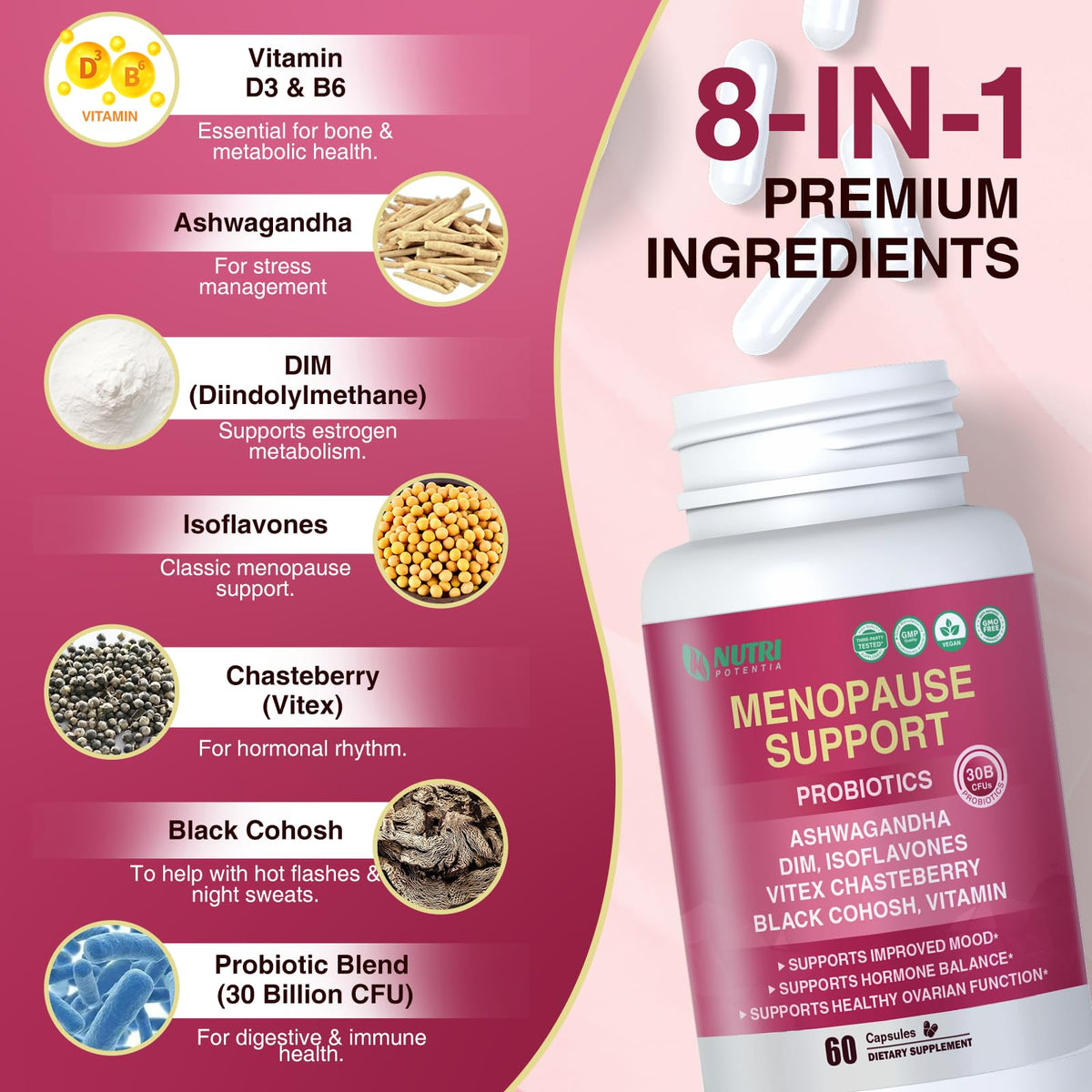 Menopause Supplements for Women with Probiotics, DIM, Black Cohosh, Chasteberry & Soy Isoflavones Support Hormone Balance & Helps Relieve Hot Flashes, Night Sweats - 60 Servings (Made & Tested in USA) - FENGGESTORE20
