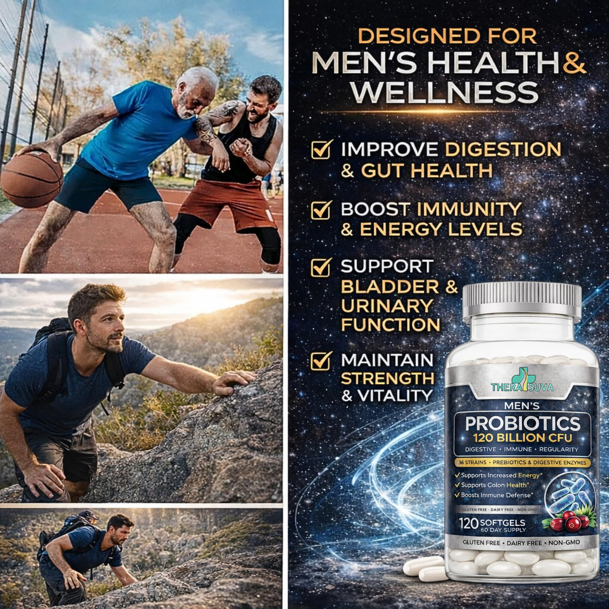 Men’s Advanced Probiotics 120 Billion CFU - 36 Strains + Prebiotics, Enzymes & Veggie Blend for Gut, Immune & Colon Health - 2 Month Supply, 120 Softgels - FENGGESTORE20