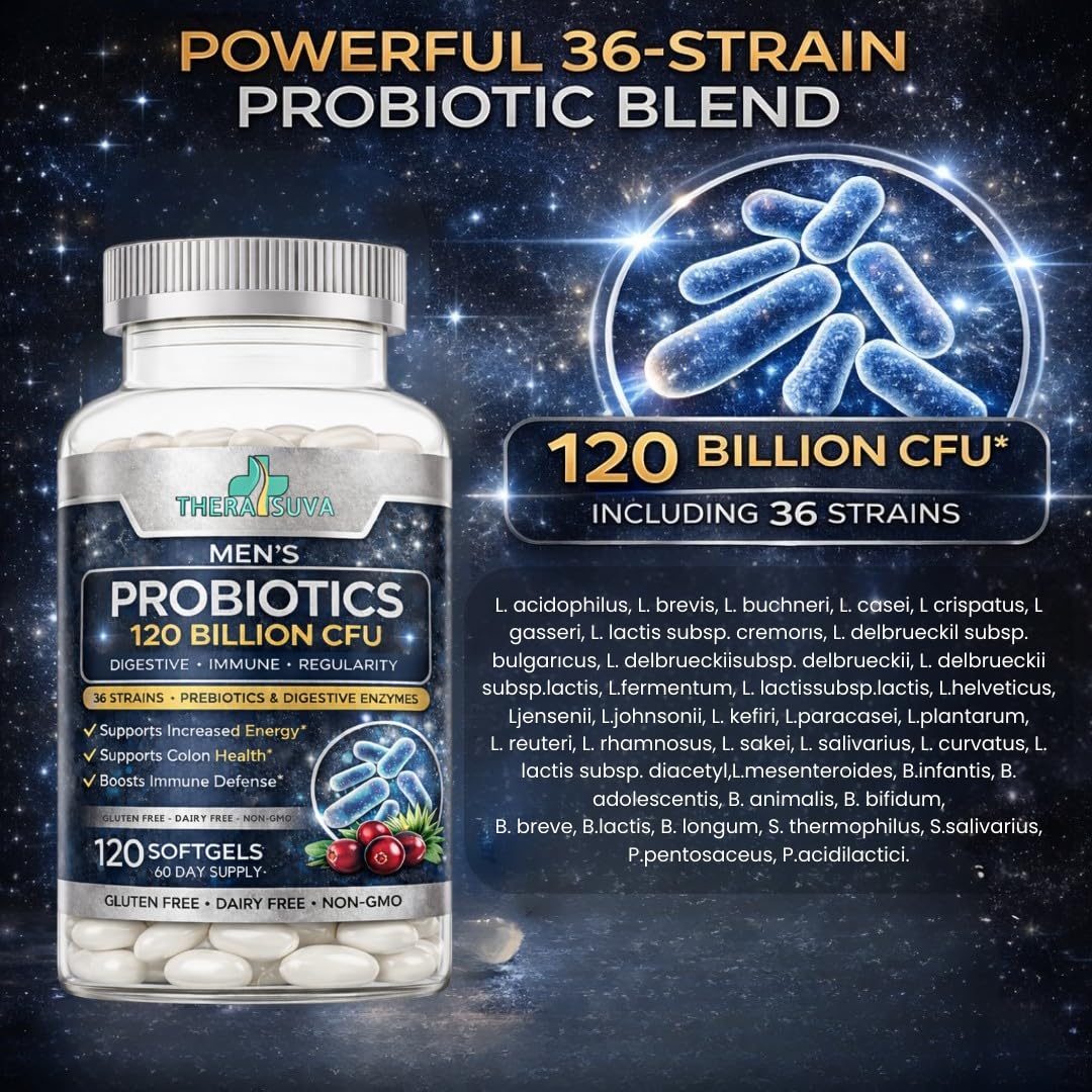 Men’s Advanced Probiotics 120 Billion CFU - 36 Strains + Prebiotics, Enzymes & Veggie Blend for Gut, Immune & Colon Health - 2 Month Supply, 120 Softgels - FENGGESTORE20