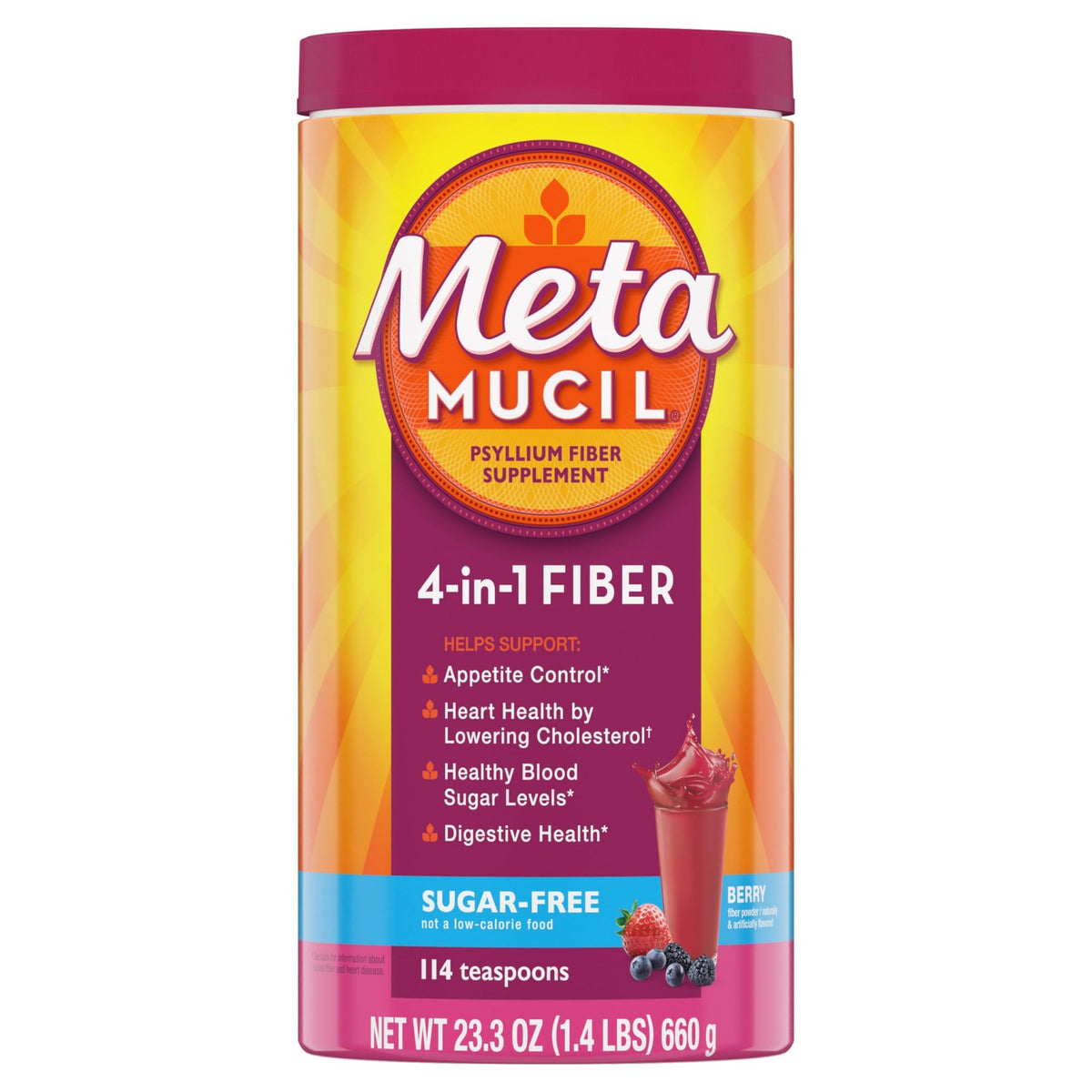 Metamucil, 4-in-1 Fiber Supplement, Psyllium Husk Powder, Sugar-Free Powder, Berry Flavored Drink, 114 Servings - FENGGESTORE20