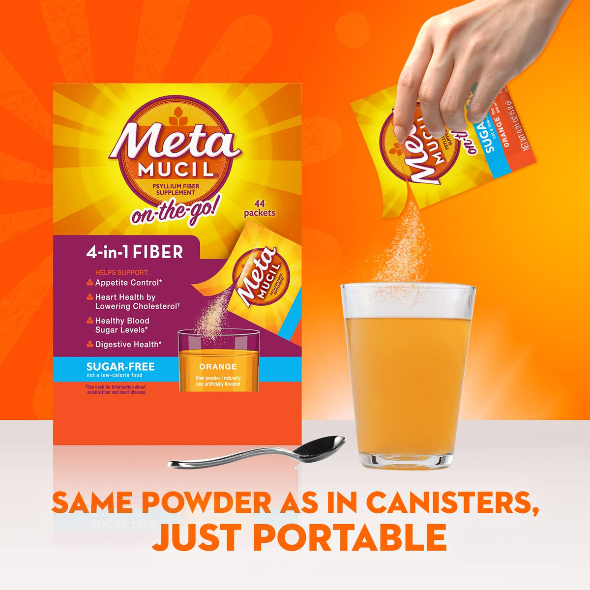 Metamucil On-the-Go Packets, Sugar-Free, 44 Packets, 4-in-1 Psyllium Husk Fiber Supplement, Orange Flavored, Individual Servings Great for Travel - FENGGESTORE20
