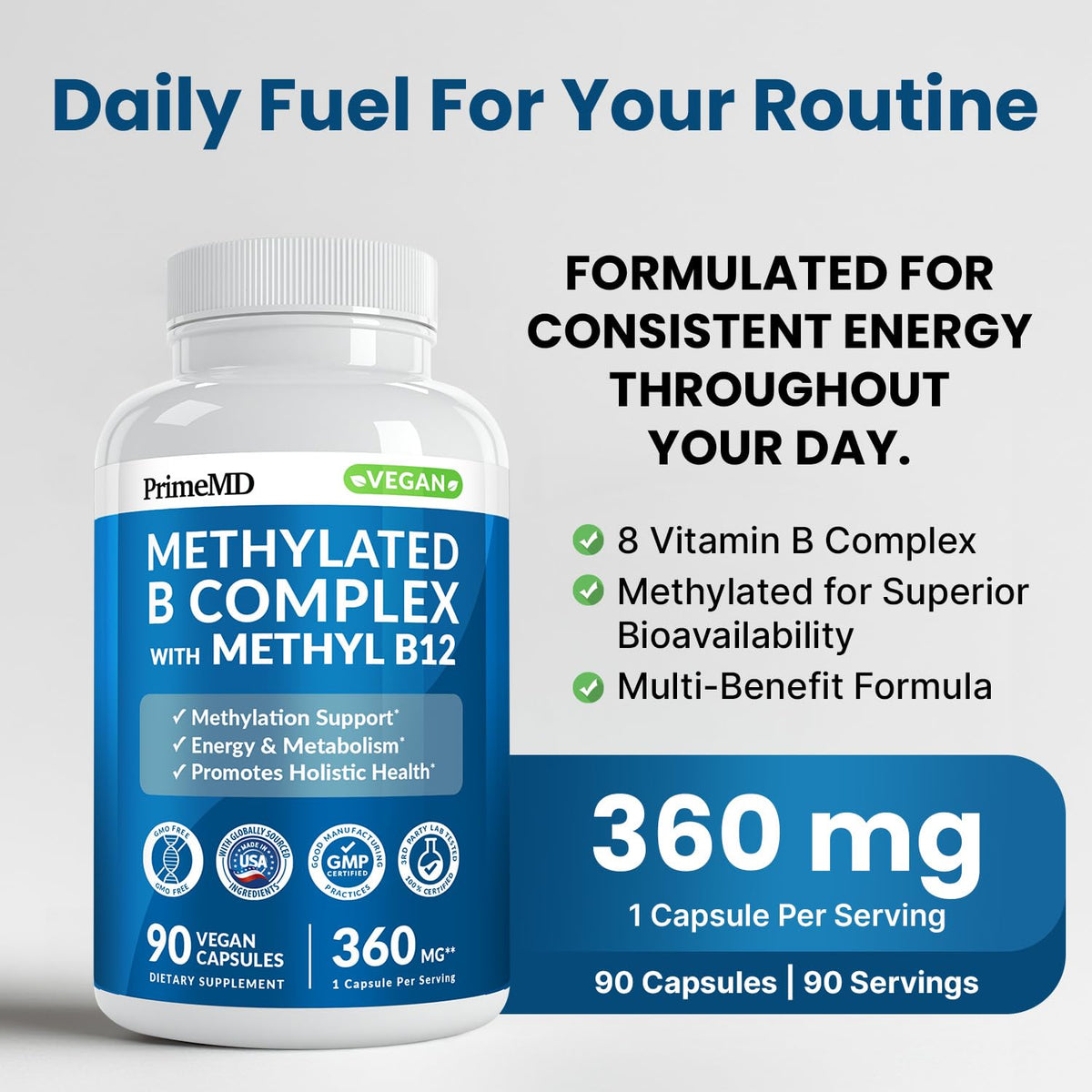 Methylated B Complex with Methylfolate and B12 Methylcobalamin 1000 mcg - Methylated Multivitamin for Energy, Brain Function, and Wellness - Vitamin B Complex for Men & Women (90 Servings) (Pack of 1) - FENGGESTORE20