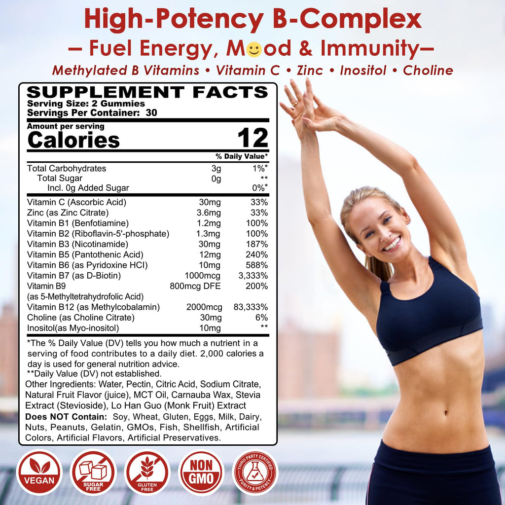 Methylated Vitamin B Complex Gummies 2 Pack, Methyl B12 & Folate with B1, B2, B3, B5, Biotin | Vitamin C, Zinc, Choline & Inositol – B Complex Supplement for Energy - FENGGESTORE20