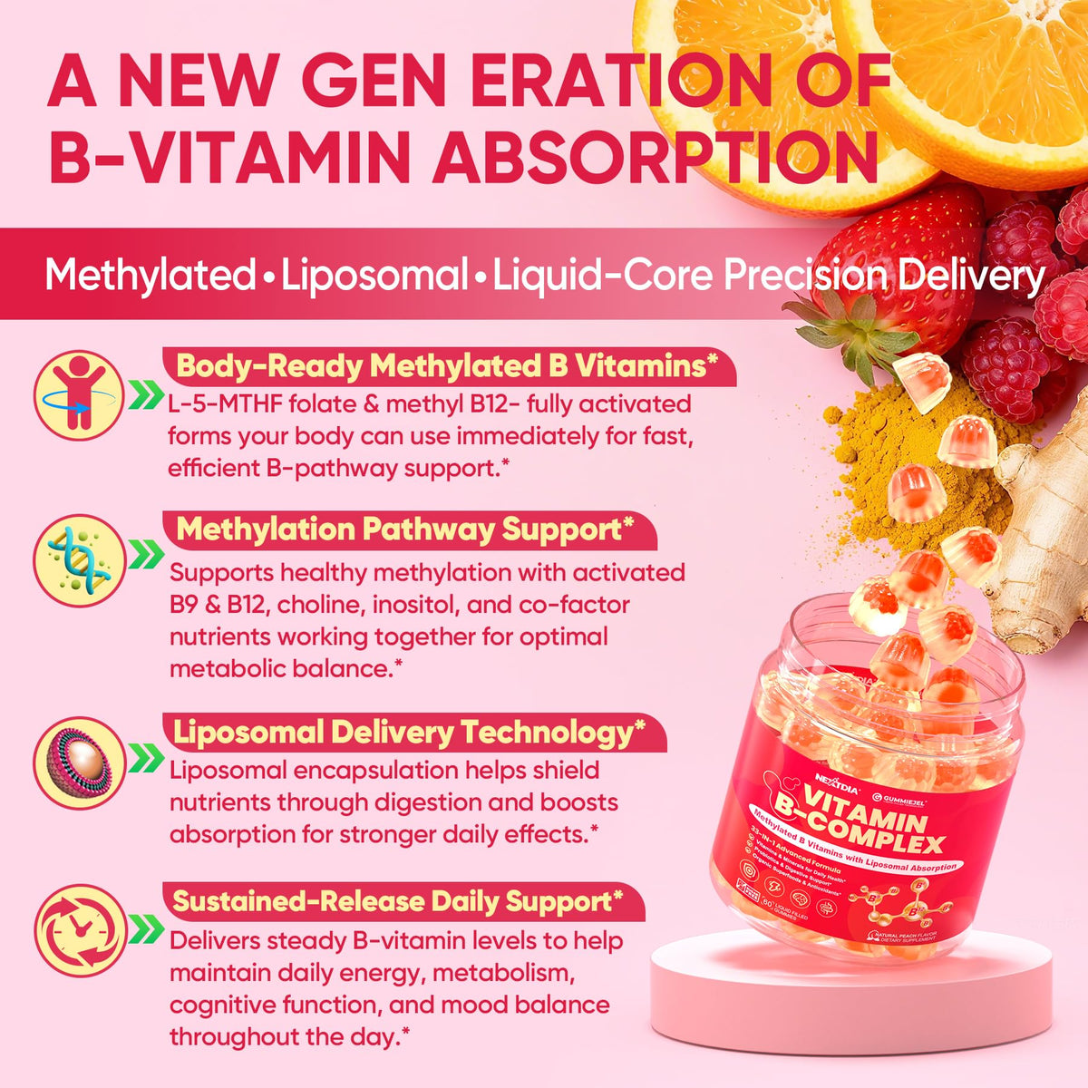 Methylated Vitamin B Complex Gummies for Women & Men, High Dose 2000 mcg Methyl B12, Liposomal Super All B Vitamins Methylfolate, B1, B2, B3, B5, B6, B7, Vitamin C, - FENGGESTORE20