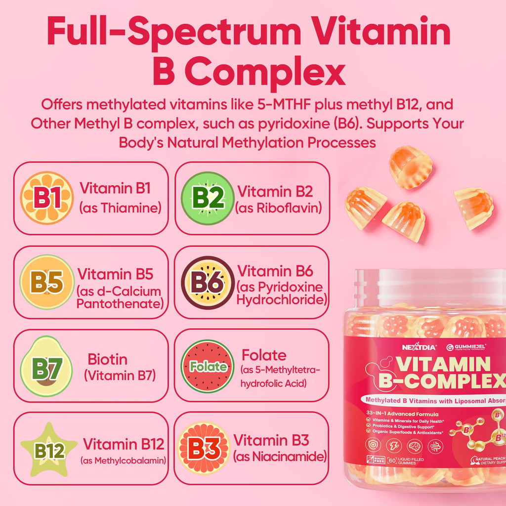 Methylated Vitamin B Complex Gummies for Women & Men, High Dose 2000 mcg Methyl B12, Liposomal Super All B Vitamins Methylfolate, B1, B2, B3, B5, B6, B7, Vitamin C, - FENGGESTORE20
