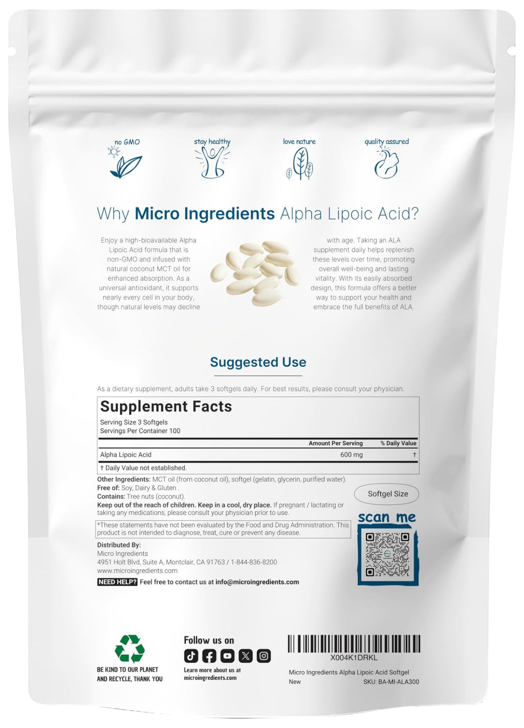 Micro Ingredients Alpha Lipoic Acid 600mg with MCT Oil, 300 Softgels | ALA Supplement for Liver, Antioxidants, Nerve, Cardiovascular Health Support - FENGGESTORE20