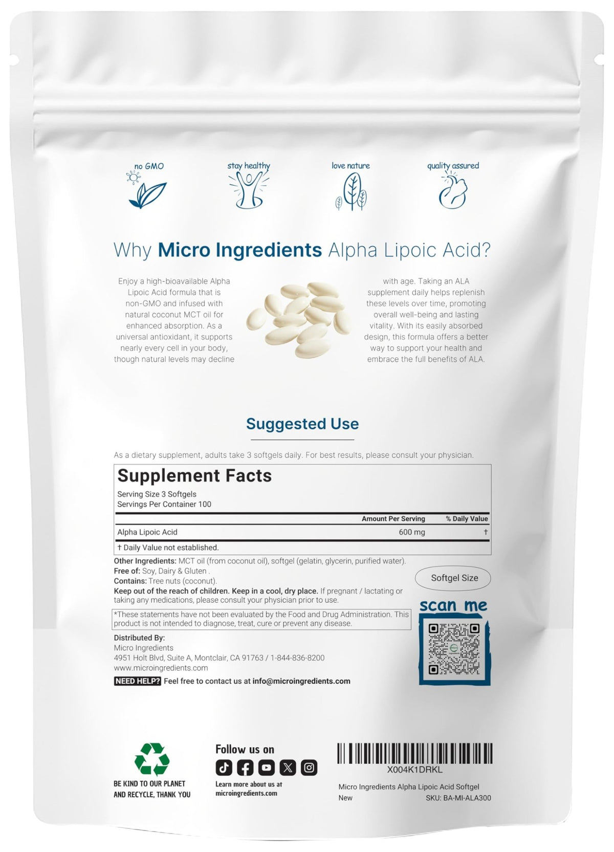 Micro Ingredients Alpha Lipoic Acid 600mg with MCT Oil, 300 Softgels | ALA Supplement for Liver, Antioxidants, Nerve, Cardiovascular Health Support - FENGGESTORE20