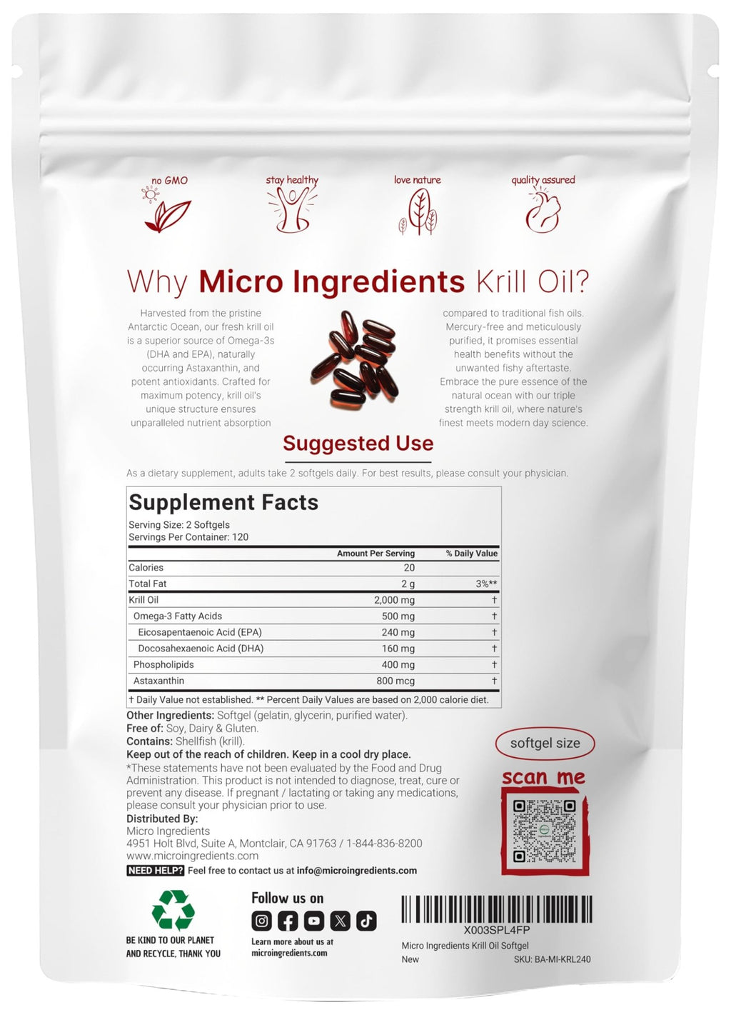 Micro Ingredients Antarctic Krill Oil Supplement, 2,000mg Per Serving, 240 Softgels, Triple Strength, Rich in Omega-3s EPA, DHA & Natural Astaxanthin - FENGGESTORE20