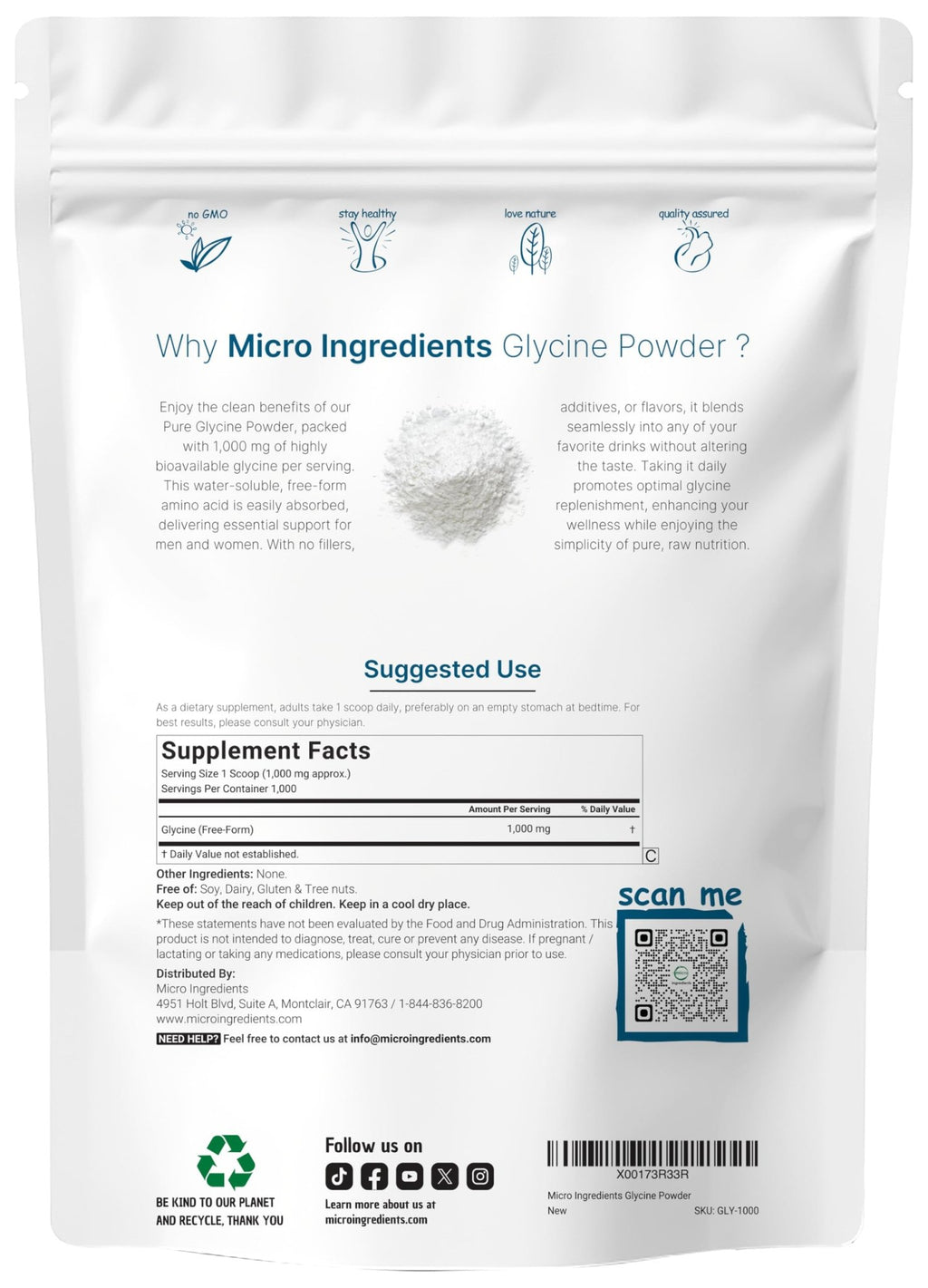 Micro Ingredients Glycine Powder, 1KG (2.2 Pounds), Glycine 1000mg Per Serving, Water Soluble and Products of USA - FENGGESTORE20