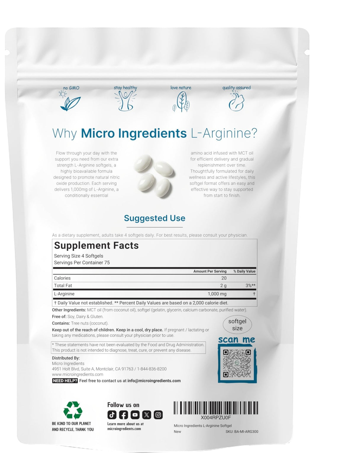 Micro Ingredients L-Arginine 1000mg with MCT Oil, 300 Softgels | Nitric Oxide Precursor* for Men & Women | Extra Strength Amino Acid Formula for Daily Wellness - FENGGESTORE20