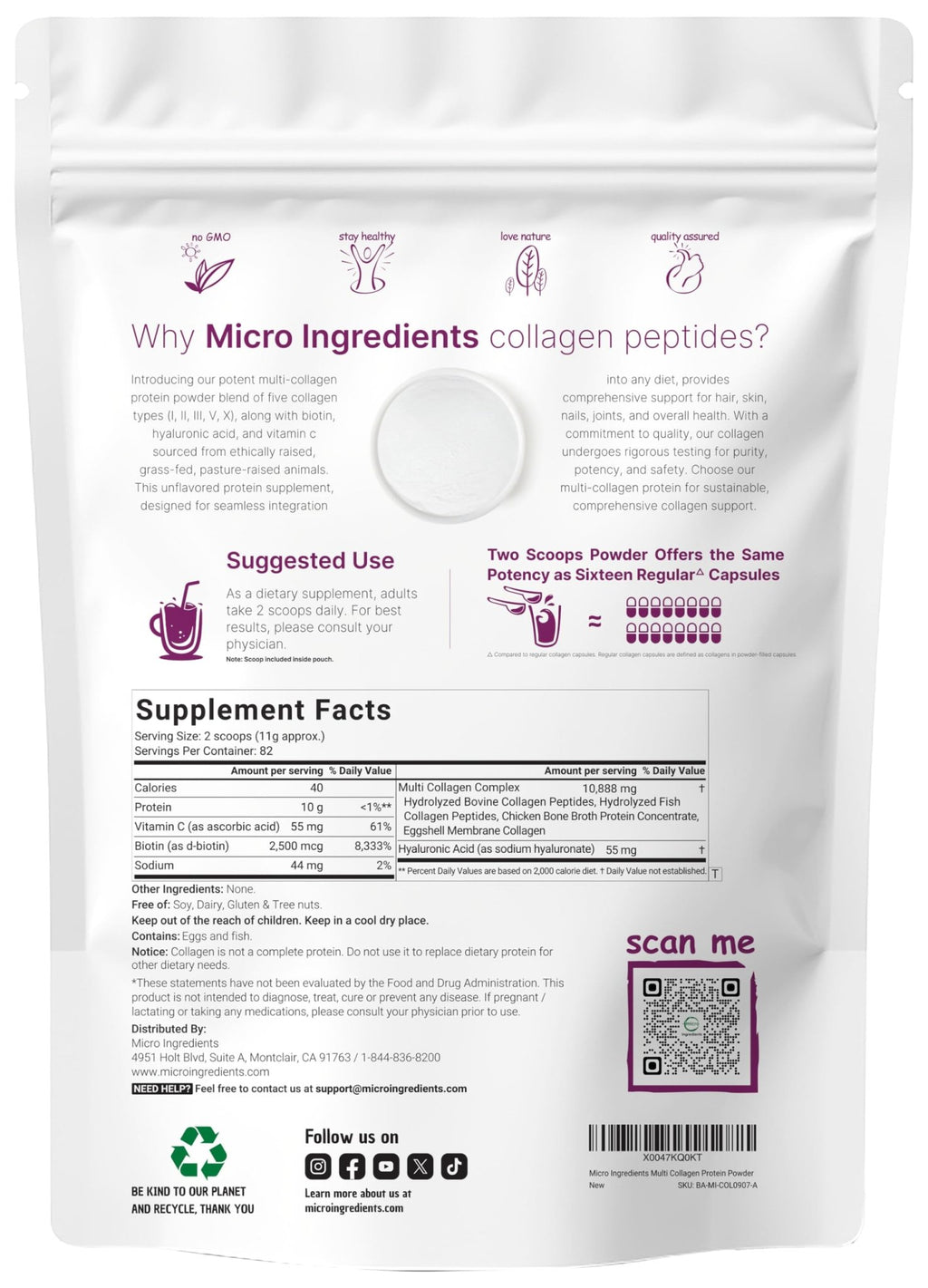 Micro Ingredients Multi Collagen Peptides Powder, 2lb – Hydrolyzed Type I,II,III,V,X with Biotin, Hyaluronic Acid, Vitamin C – Unflavored Collagen for Women & Men - FENGGESTORE20