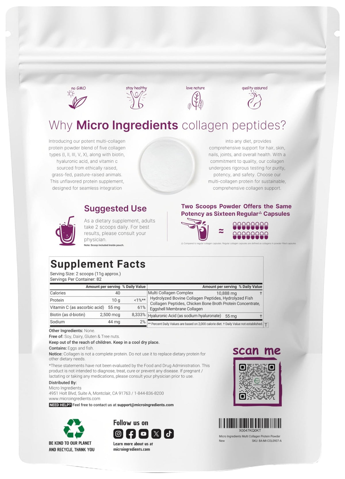 Micro Ingredients Multi Collagen Peptides Powder, 2lb – Hydrolyzed Type I,II,III,V,X with Biotin, Hyaluronic Acid, Vitamin C – Unflavored Collagen for Women & Men - FENGGESTORE20