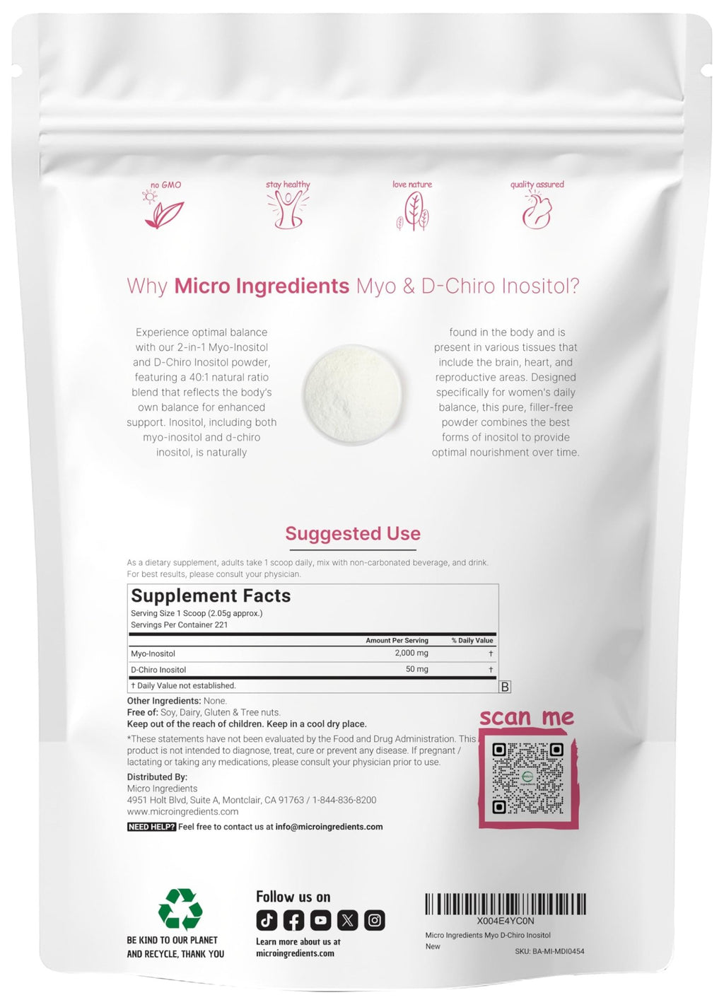 Micro Ingredients Myo-Inositol & D-Chiro Inositol Powder, 1lb (221 Servings) | 40:1 Ideal Ratio Inositol Supplement for Women | Supports Hormonal Balance - FENGGESTORE20