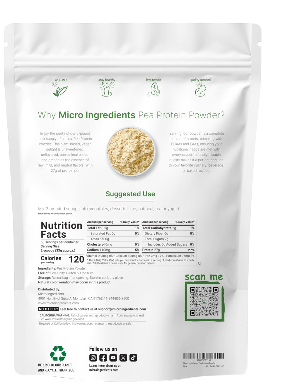 Micro Ingredients North American Grown, Pea Protein Powder, 5 Pounds | Plant Based, Unflavored | Complete Vegan Protein Source with BCAAs & EAAs – 27g Serving | Non-GMO, Keto Friendly - FENGGESTORE20