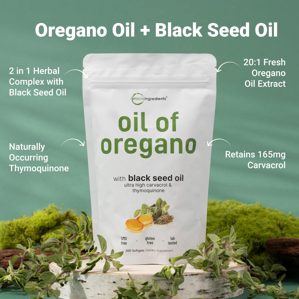 Micro Ingredients Oil of Oregano Softgels, 300 Count | 2 in 1 Formulated | 4X Strength Carvacrol & Thymoquinone | Plant Based, Non-GMO - FENGGESTORE20