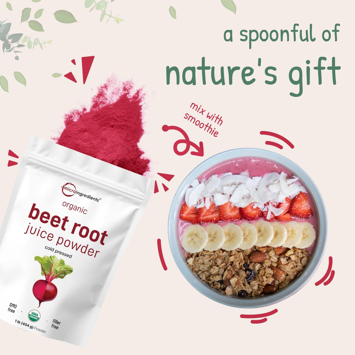 Micro Ingredients Organic Beet Root Juice Powder, 1 Pound | Cold Pressed, Water Soluble, High Concentrated Raw Beet Supplement | Superfood Drink Mix - FENGGESTORE20