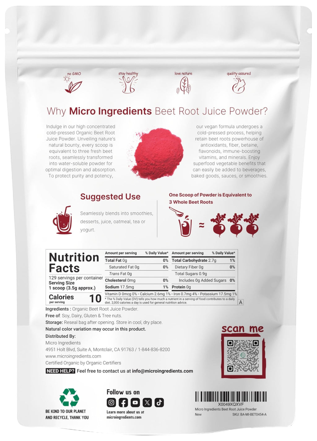 Micro Ingredients Organic Beet Root Juice Powder, 1 Pound | Cold Pressed, Water Soluble, High Concentrated Raw Beet Supplement | Superfood Drink Mix - FENGGESTORE20