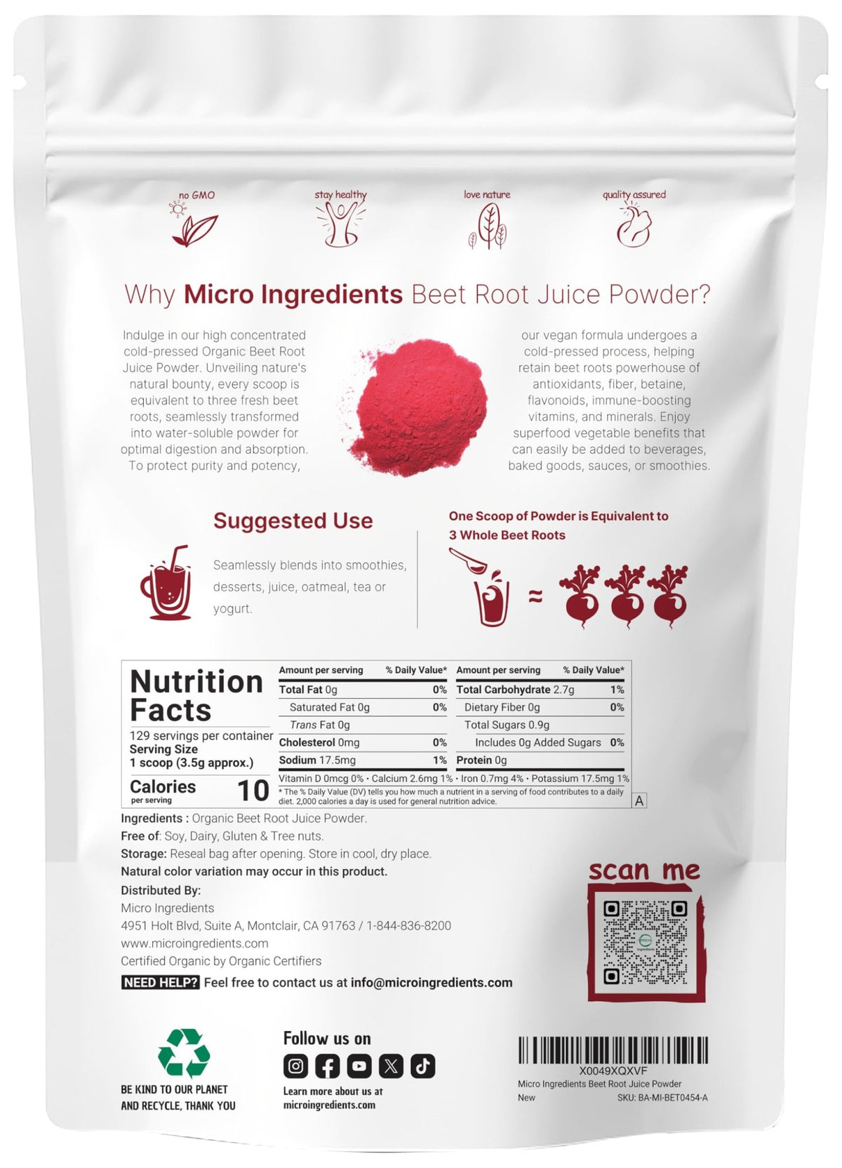 Micro Ingredients Organic Beet Root Juice Powder, 1 Pound | Cold Pressed, Water Soluble, High Concentrated Raw Beet Supplement | Superfood Drink Mix - FENGGESTORE20