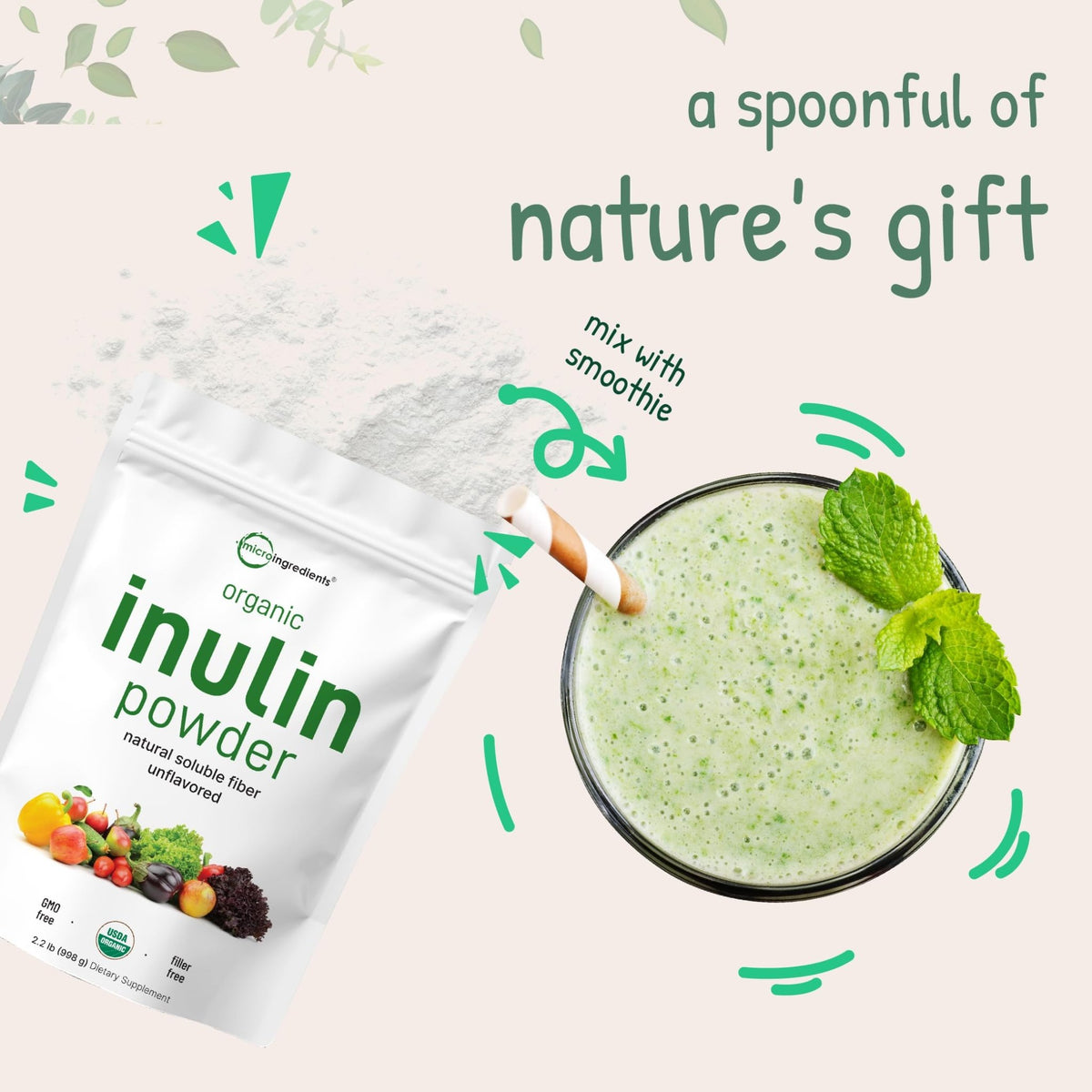 Micro Ingredients Organic Inulin FOS Fiber Powder, 2.2 lbs | Quick Water-Soluble Prebiotic | Natural Fiber for Smoothies & Drinks | Vegan Friendly, Dissolves Clear - FENGGESTORE20