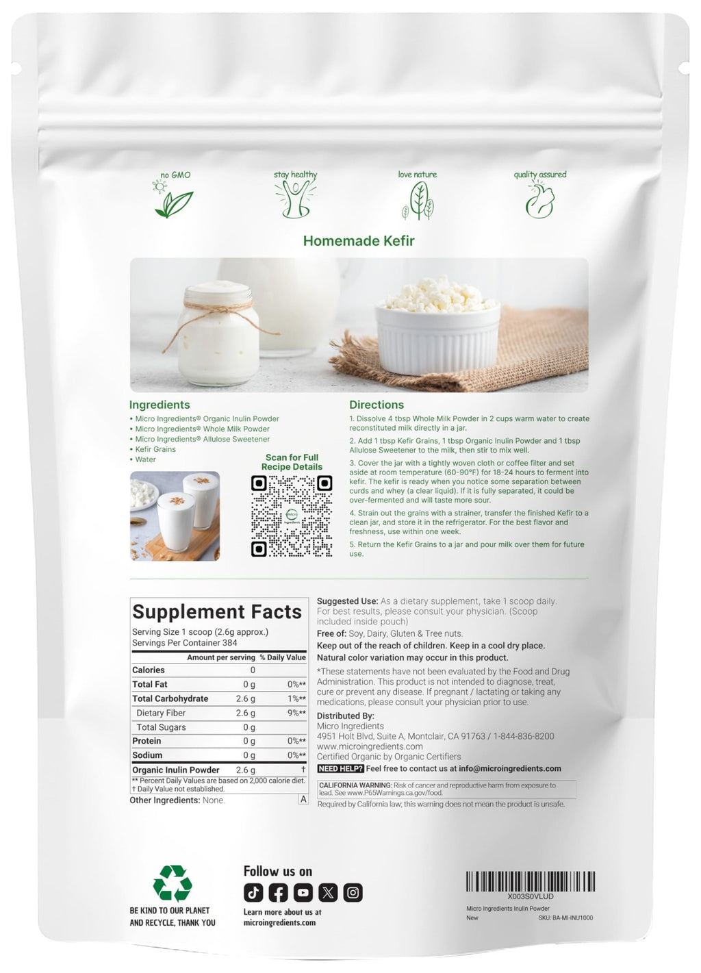 Micro Ingredients Organic Inulin FOS Fiber Powder, 2.2 lbs | Quick Water-Soluble Prebiotic | Natural Fiber for Smoothies & Drinks | Vegan Friendly, Dissolves Clear - FENGGESTORE20