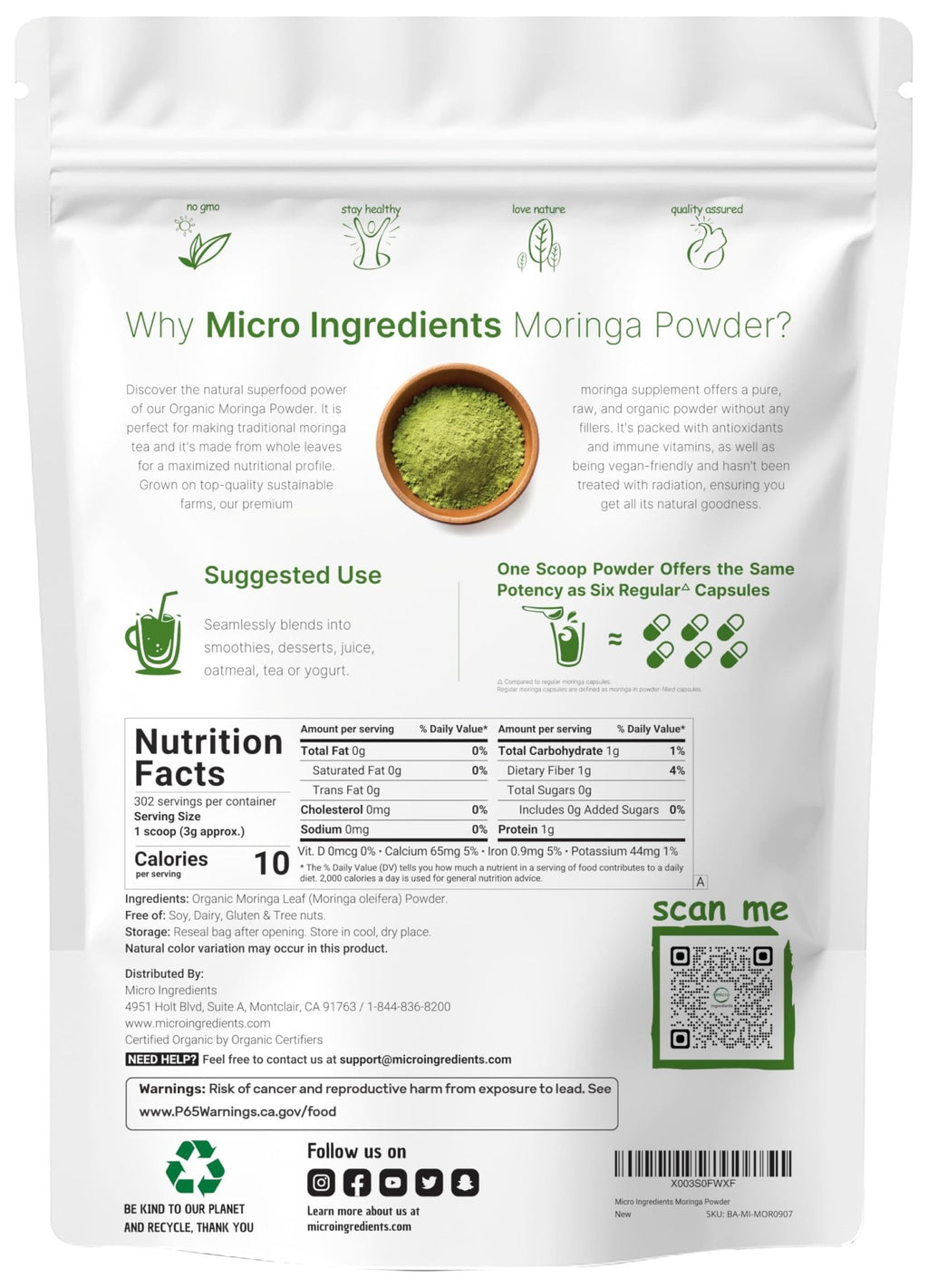 Micro Ingredients Organic Moringa Oleifera Leaf Powder, 2 Pound | Rich in Antioxidants & Immune Vitamins | Pure Leaves Without Stems | - FENGGESTORE20