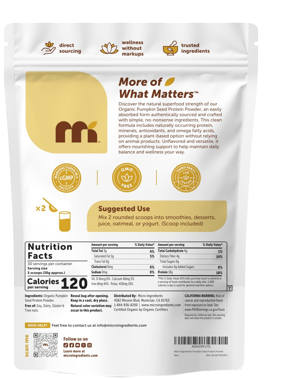 Micro Ingredients Organic Pumpkin Seed Protein Powder, 2lb | Raw Plant-Based Protein | Single-Ingredient Powder | Smooth Texture & Versatile Use | Non-GMO, Soy Free - FENGGESTORE20